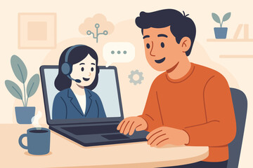 AI assistant technology concept. Man at laptop interacting with a virtual helper. Online customer service, chatbot support, and digital consultation. Flat vector illustration.