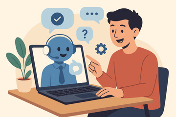 Man talking to AI chatbot on laptop. Customer service with virtual assistant robot. Online support, technical helpdesk, communication technology vector illustration concept.