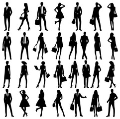 Silhouettes of shoppers.  Vector silhouettes men and women, illustration. Silhouettes of young people posing in fashionable clothes. JPEG version.