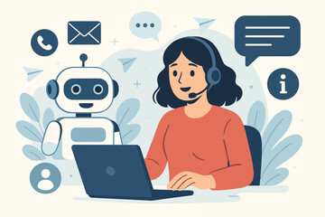 AI powered customer service concept with chatbot robot and support agent woman. Online helpdesk assistance, call center automation, digital communication technology vector.