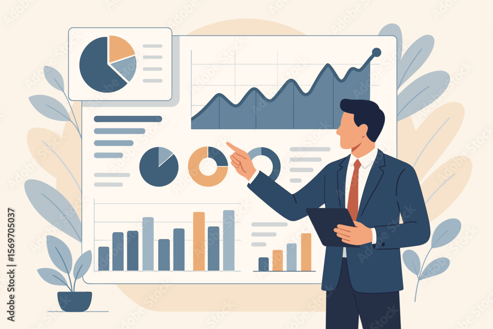 Poster businessman analyzing data on dashboard. business analytics with charts, graphs, metrics and kpis. e