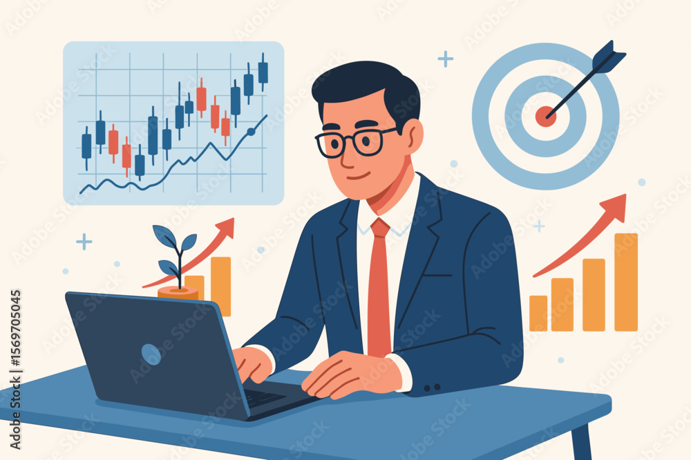 Aufkleber businessman trader analyzing stock market data on computer. vector concept of investment strategy, f