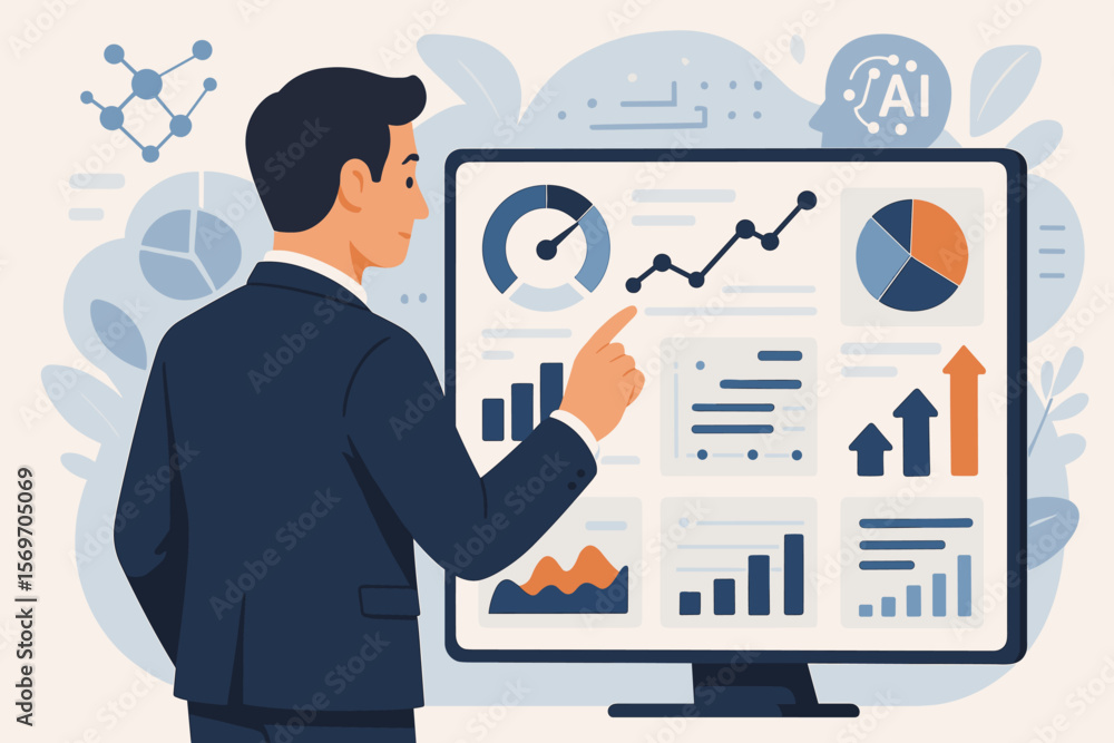 Poster businessman analyzing kpi dashboard with data analytics and ai technology. business intelligence con