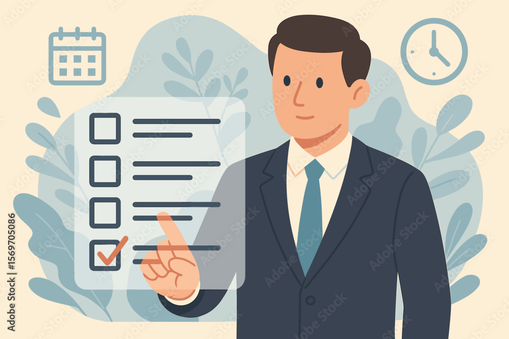 Poster businessman managing tasks on a virtual checklist interface. concept of productivity, planning, and 