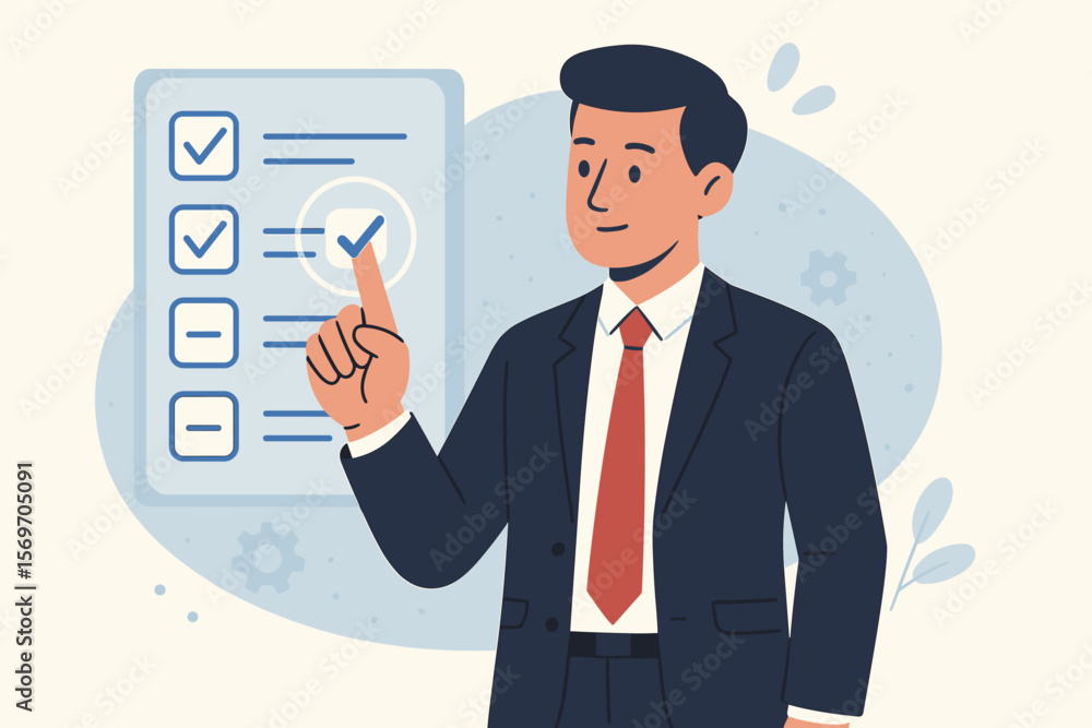 Poster businessman checking to do list on virtual screen. task management concept. productivity, planning, 
