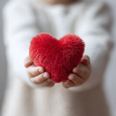 A child offers a plush red heart. Symbolizing love, care, and generosity, the image is ideal for Valentines Day, family, or charity campaigns.