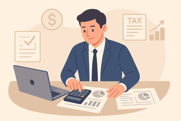 Businessman or accountant calculating taxes. Financial manager working with documents, laptop and calculator. Concept of accounting, tax payment, finance analysis, budget.