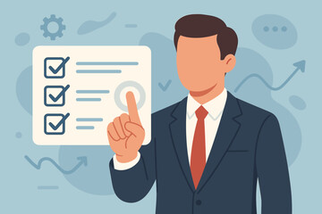 Businessman finger selecting a checklist item on a virtual interface. Concept of task management, planning, productivity, decision making, and digital workflow for business.
