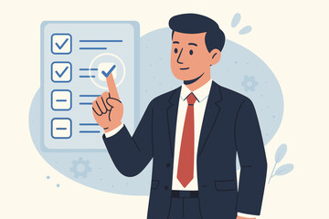 Businessman checking to do list on virtual screen. Task management concept. Productivity, planning, decision making, project completion and successful digital workflow.
