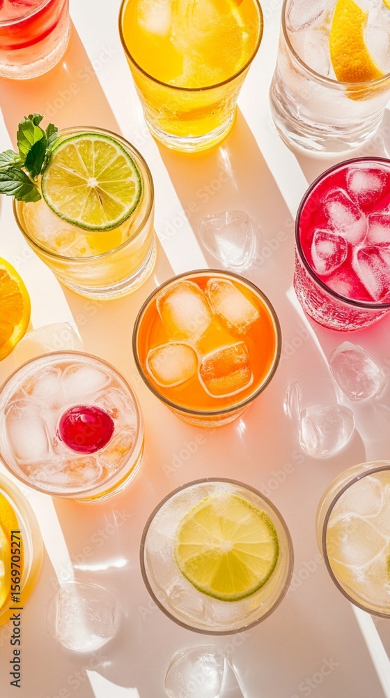 Poster vibrant summer cocktails with fresh citrus slices and ice cubes, showcasing a colorful array of refr