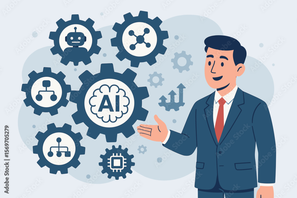 Poster businessman presents artificial intelligence technology concept. man shows gear icons for automation