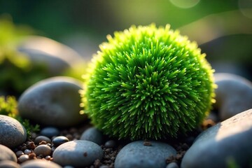 Sunlit Dew-Kissed Moss Ball Nestled Among Grey Stones A Vibrant Image of Natural Beauty and Organic Ecosystem