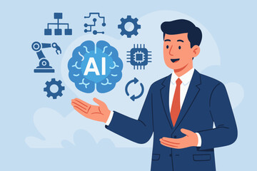 Businessman presenting artificial intelligence. Man with AI brain icon, gear, robotic arm, chip. Concept of machine learning, automation, innovation, digital transformation, business.