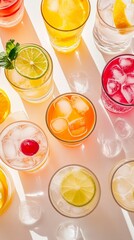 Vibrant summer cocktails with fresh citrus slices and ice cubes, showcasing a colorful array of refreshing drinks against a soft pastel background