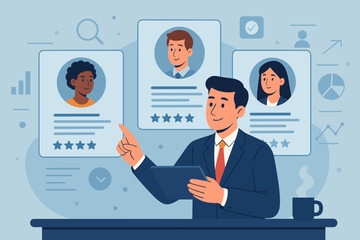 Recruiter reviews digital resumes on virtual interface. HR manager concept for online recruitment, candidate evaluation, human resources analytics, and smart hiring technology.