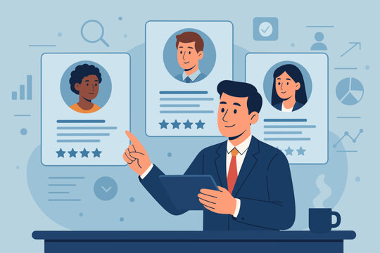 Recruiter reviews digital resumes on virtual interface. HR manager concept for online recruitment, candidate evaluation, human resources analytics, and smart hiring technology.