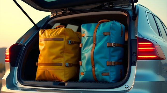 Ready for adventure, a spacious SUV trunk holds bright yellow and blue luggage