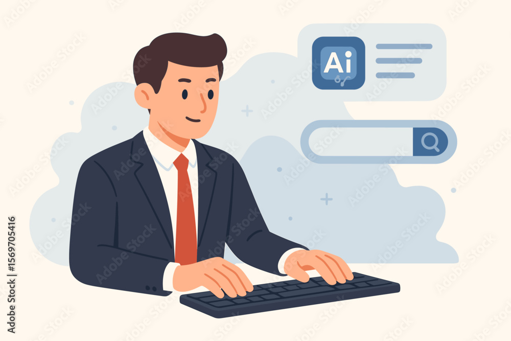 Poster businessman typing on keyboard with ai chat bubble and search bar interface, artificial intelligence