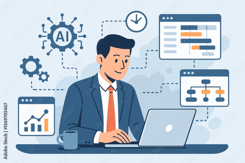 Poster businessman using laptop with ai automation, project management dashboard, workflow optimization, da