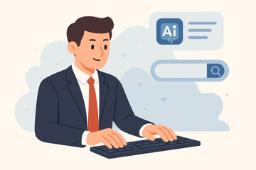 Businessman typing on keyboard with AI chat bubble and search bar interface, artificial intelligence technology innovation, online information search, digital workspace concept