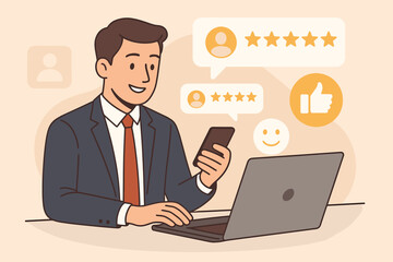 Businessman using laptop and smartphone for online customer review, feedback rating, user experience evaluation, digital marketing, service quality, satisfaction, reputation management