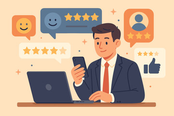 Businessman using laptop and smartphone with customer review rating, online feedback system, user experience evaluation, digital marketing, service quality, satisfaction concept