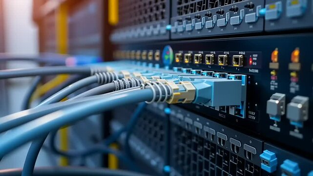 Network Server Room with Cables and Connections for Telecommunications System
