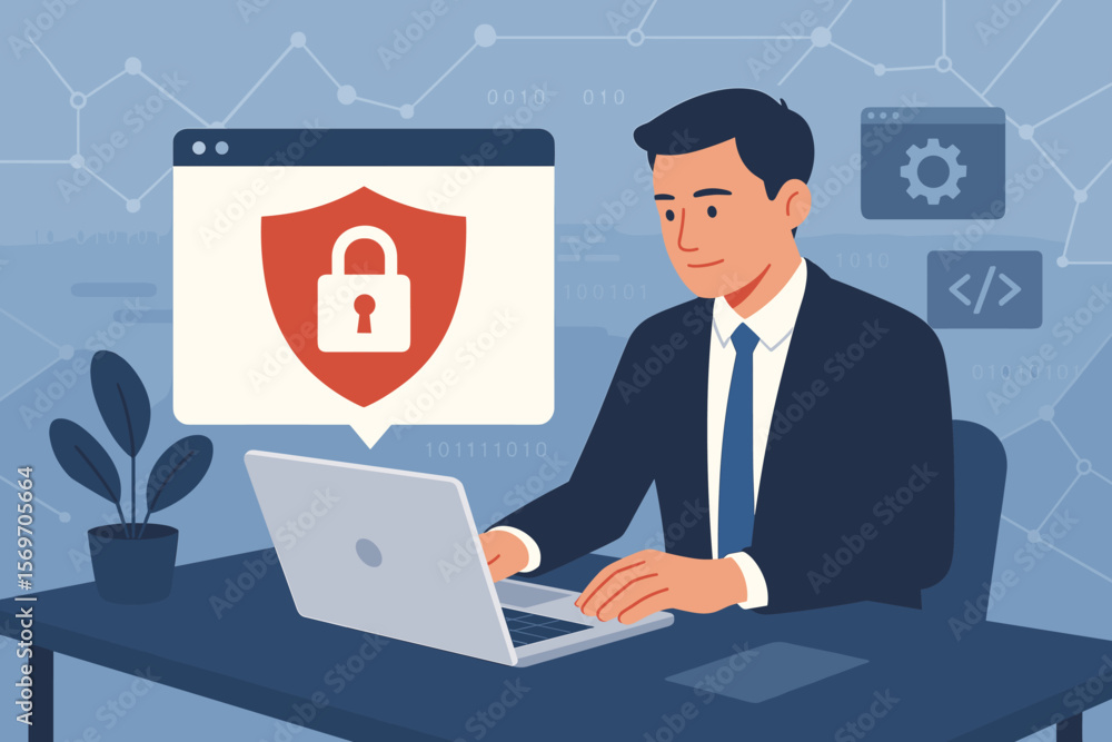 Poster cybersecurity business technology concept. businessman in office using laptop with secure data prote