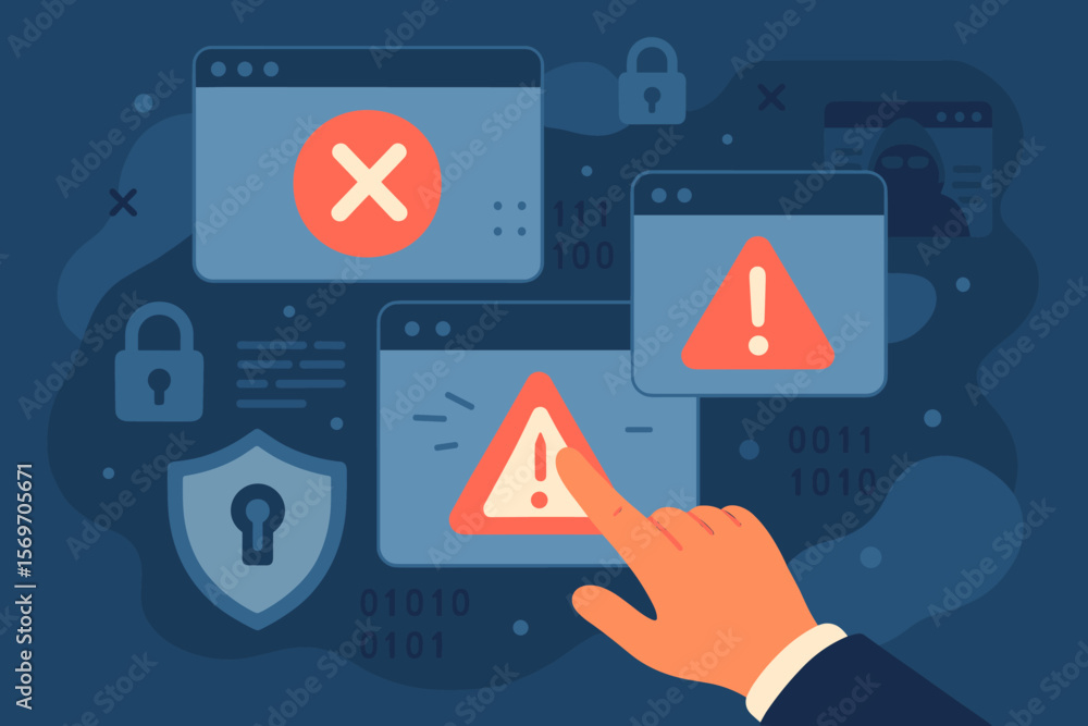 Aufkleber cybersecurity alert concept with hand clicking virtual warning windows, system error messages, hacki