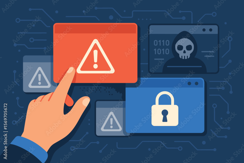Aufkleber cybersecurity alert concept with hand interacting with digital warning windows, system error notific