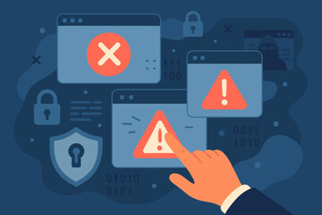 Cybersecurity alert concept with hand clicking virtual warning windows, system error messages, hacking threat, data breach risk, secure digital protection, internet safety