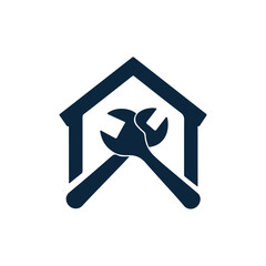 Home Improvement: A sleek logo features a house silhouette with a wrench, symbolizing the essence of home renovation and repair in a minimalist approach.