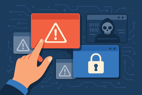 Cybersecurity alert concept with hand interacting with digital warning windows, system error notifications, hacking threat, online data protection, secure internet, cyber attack prevention