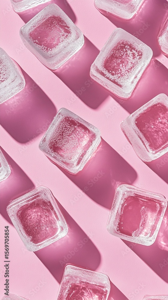 Poster delicate pink-hued ice cubes scattered artfully on a soft pastel background, creating a minimalist a