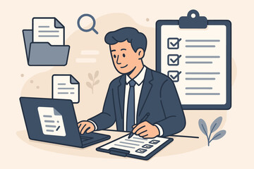 Document management system DMS concept. Businessman using laptop for assessment form, questionnaire, checklist, clipboard task management, productivity, office workflow, data organization