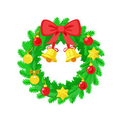  "Christmas Wreath with Red Bow, Bells, and Ornaments"