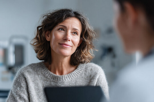 Confident woman listening intently in conversation. Represents trust, empathy, healthcare, wellbeing. Ideal for medical, insurance, and human interest stories.