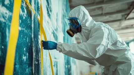 Hazmat worker marking off a contaminated area with yellow warning tape
