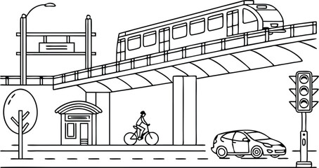 Metro train station with transport elements create a modern city scene.