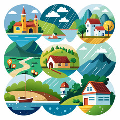 A Colorful Collage of Scenic Landscapes Featuring Churches Houses Mountains and Water Scenes Presented in Circular Frames with a Flat Cartoonish Style and a Palette