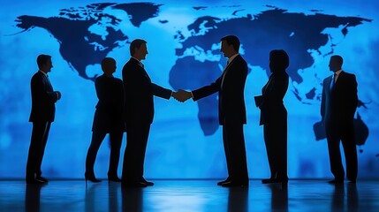Businessmen shaking hands against a world map background. Possible use Stock photo for business, global collaboration