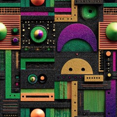 seamless colorful geometric shapes contrast against dark background, showcasing metallic surfaces and iridescent tones. the intricate design features variety of textures in harmonious layout