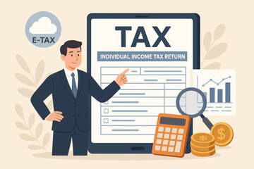 E-tax businessman presenting online individual income tax return form, tax payment, government state taxes, financial data analysis, paperwork, accounting, calculator, coins