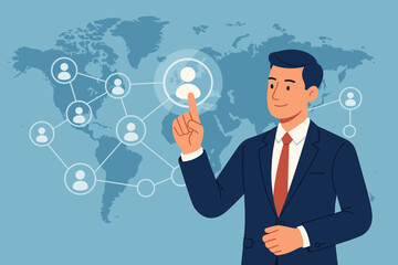 Global workforce management concept. Businessman selects digital user icon on world map interface, symbolizing remote team connection, HR analytics, recruitment, networking, leadership