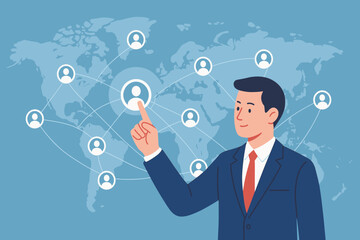 Global workforce management concept. Businessman selecting digital user icon on world map interface, symbolizing remote team connection, HR analytics, recruitment, networking, globalization