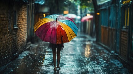 A person walks barefoot down a wet alley under heavy rain, holding a colorful umbrella that contrasts with the dark, rainy atmosphere.