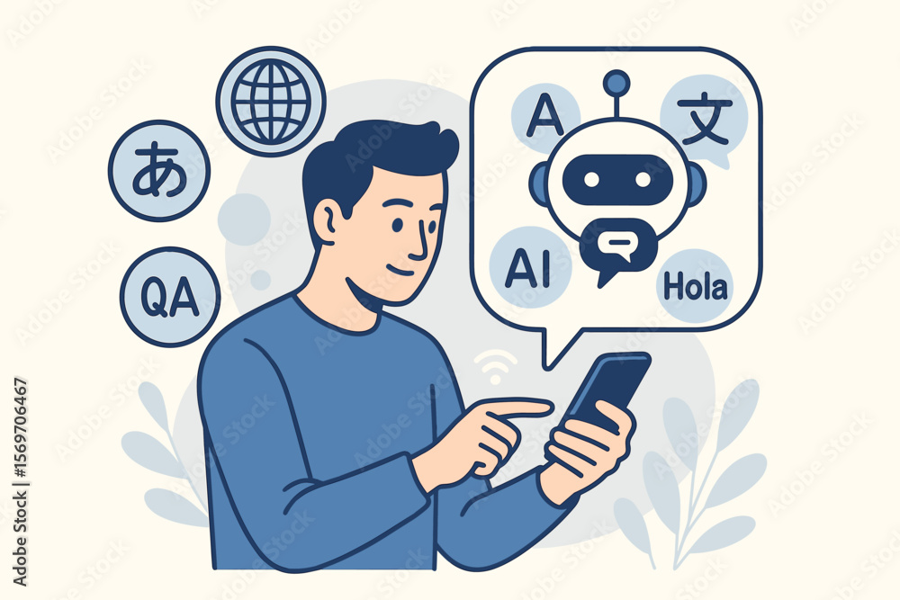 Poster man using ai chatbot on smartphone for language translation, multilingual support, global communicat