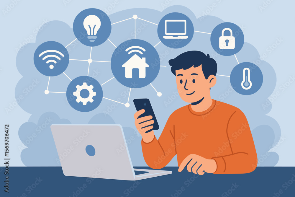 Poster man using laptop and smartphone with smart home iot network icons, wireless connectivity, digital in