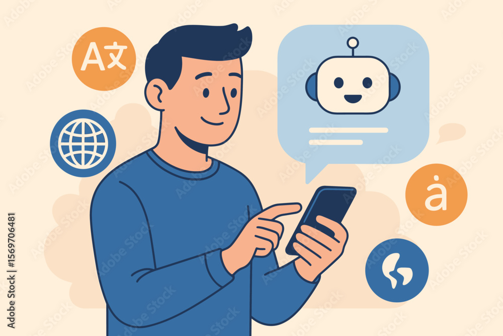 Poster smiling man using ai chatbot on smartphone with language icons, symbolizing language translation, mu