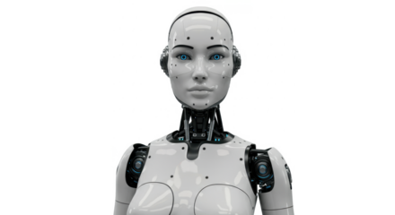 A humanoid robot with a white body and visible mechanical components looks directly at the viewer.